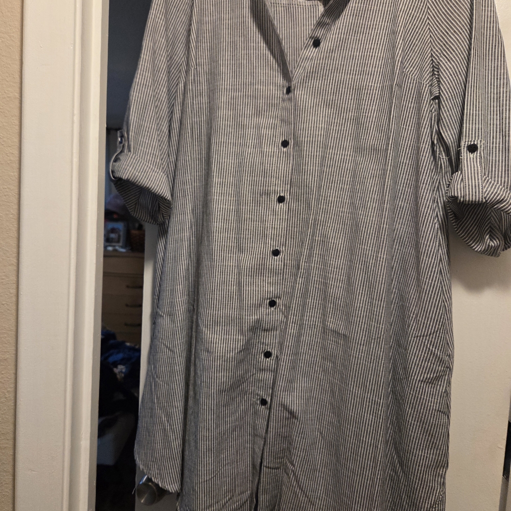 💖Mlle Gabrielle Black and White Striped Button-up Dress